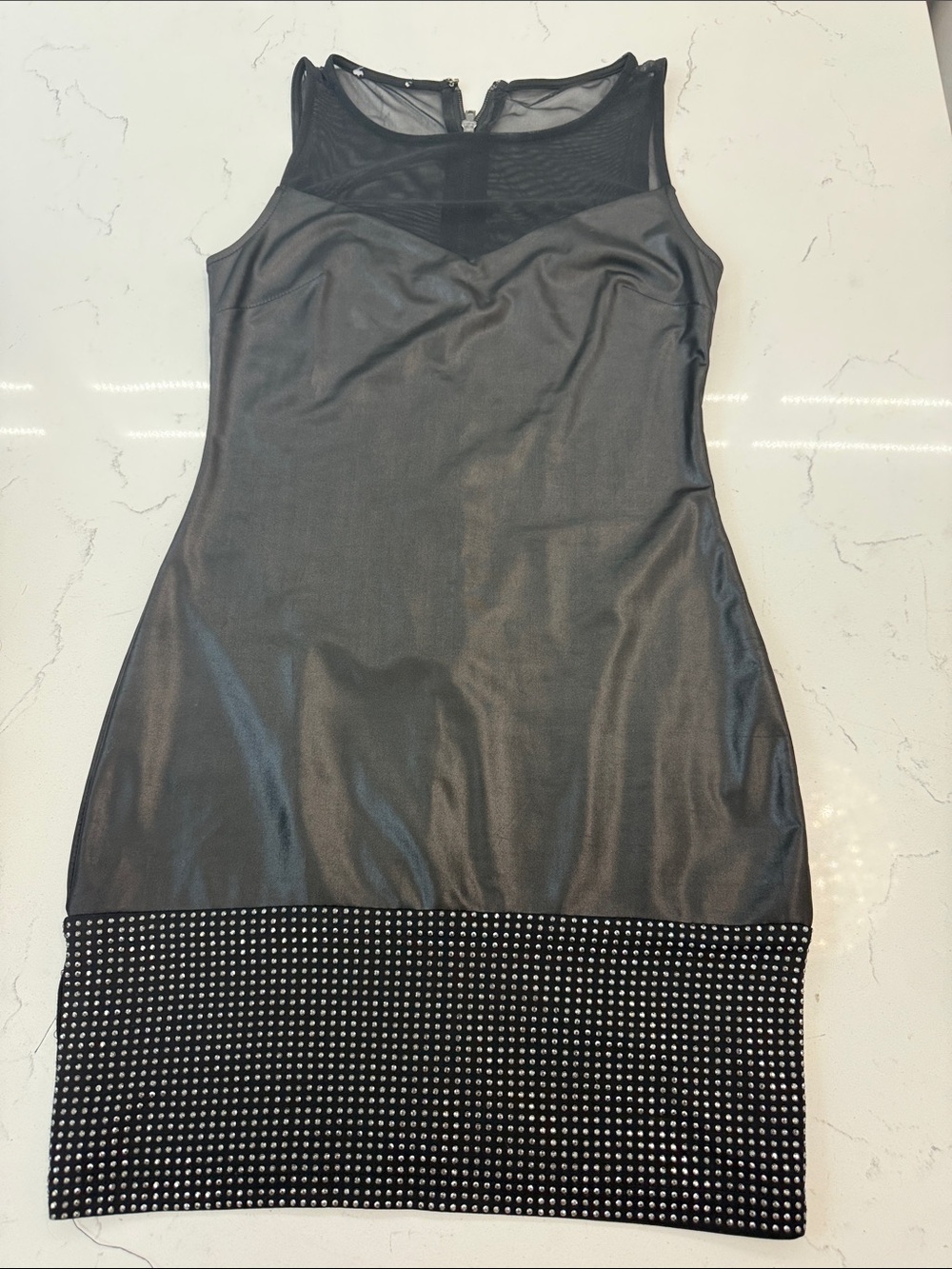 bebe Black Sheath Dress with Mesh Yoke and Studded Hem